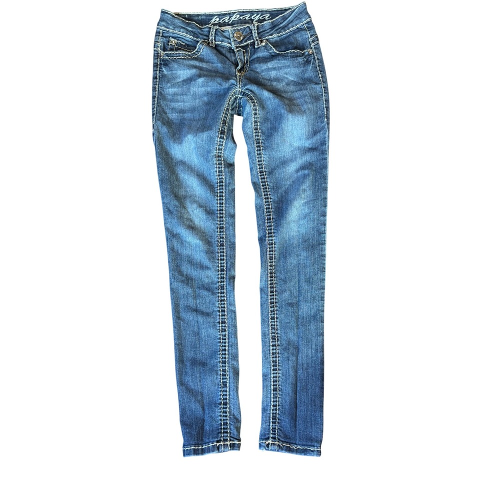 Papaya Skinny Jeans Medium Wash Thick White Contrast Stitch PB4207 Size 1